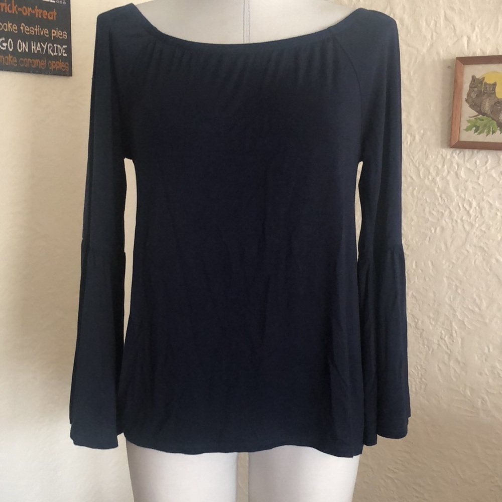 Chaser Bell Sleeve Off the Shoulder Dark Blue Top Shirt